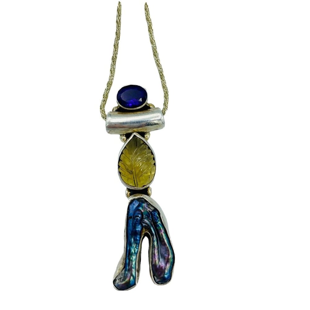Sterling Silver Amethyst Carved Citrine Raw Abalone Shell Pendant Necklace 20in